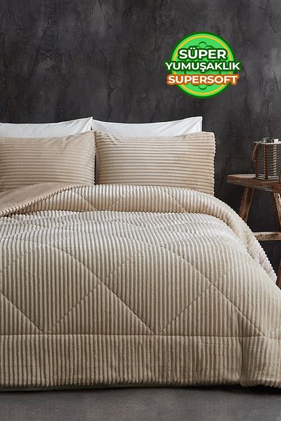 Evlen Home Collection Shrpa Quilt - Plush Soft Daily Wellsoft, Double 3-Piece Beige Bedspread and Sleeping Set