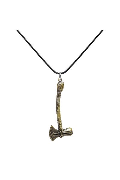 Tesbihane Thor Axe Design Black Rope Chain Antique Color Brass Men's Necklace