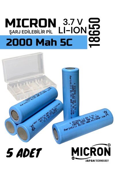 Micron 18650 3.7V (Volt) 2000 MaH(Amper) 5C Lityum Şarj edilebilir 5 Adet Pil...