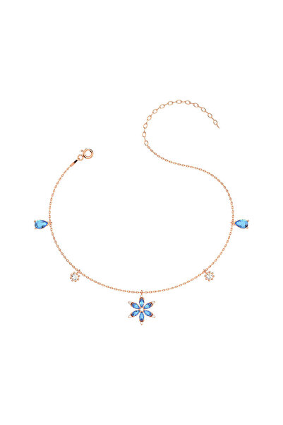 İNDİGO TAKI Aqua Taşlı Lotus Çiçeği Rose Gümüş Halhal