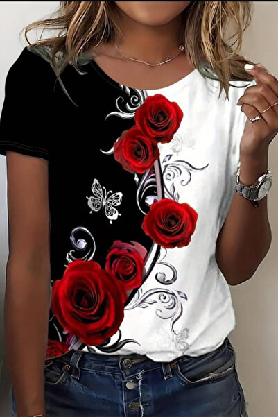 ESSFASIHON Μπλουζάκι από ύφασμα με κοντό μανίκι ροζ ψηφιακή στάμπα