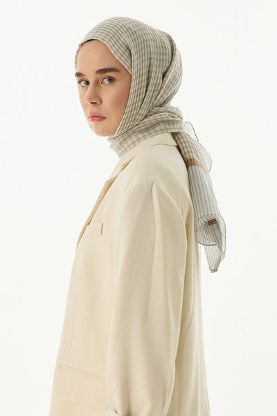 FENZA SCARF Μπεζ μάλλινο μεταξωτό σάλι - STELLA Gingham Pattern