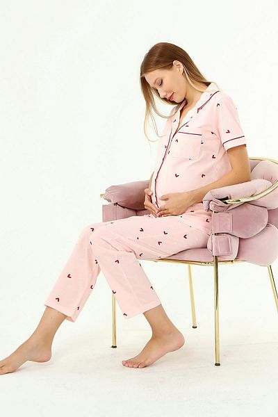 LİKAPA Likapa Combed Cotton Front Buttoned Maternity Short Sleeve Pajama Set, 100% Cotton