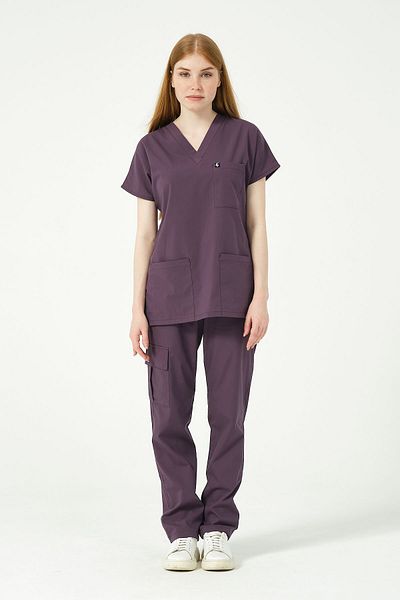 Pratik Medikal Unisex Plum Lycra Scrubs - Bat Sleeve Set, Doctor Nurse Jersey, Cargo Pocket
