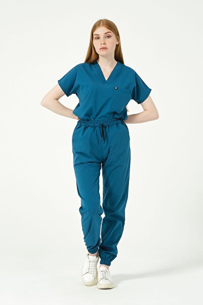 Pratik Medikal Turquoise Lycra Jogger Leg Doctor Nurse Jersey Bat Sleeve Suit...