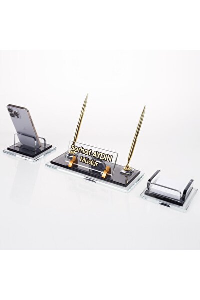 Ofistike Prime Altın Kristal Masaüstü İsimlik Seti Ofis Hediyesi Masa İsimliğ...