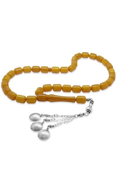 Tesbihane Non-Tarnish Metal Figaro Chain Tasseled Tip Capsule Cut Large Size Honey Colored Crimped Amber Prayer Beads