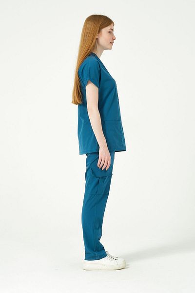 Pratik Medikal Scrub unisex turcoaz din Lycra - Costum cu buzunar cargo cu mâneci liliac, uniformă pentru medic asistentă