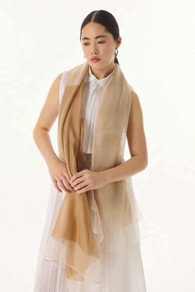 FENZA SCARF Silvia Επιχρυσωμένο Ριγέ Μαλλί Καμήλα Μεταξωτό Σάλι