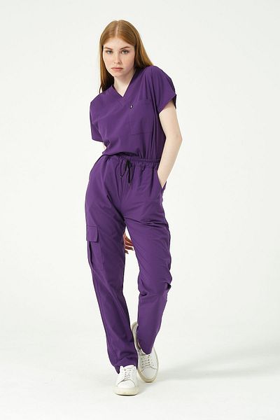 Pratik Medikal Unisex Purple Scrubs Cargo Pocket - Bat Sleeve Doctor Nurse Kit