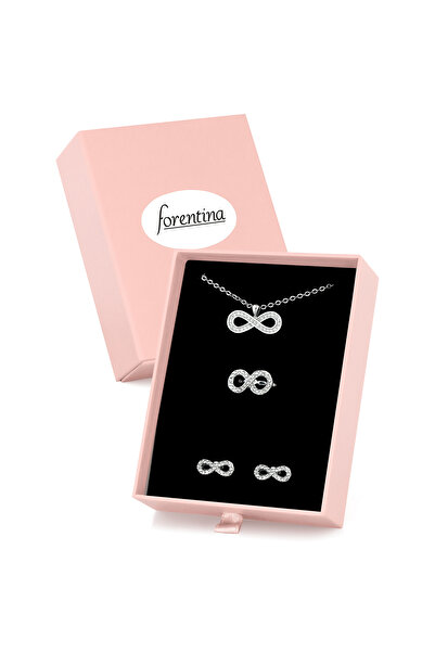 Forentina Gümüş Kaplama Sonsuzluk Kolye Küpe Yüzük Pembe Kutuda Hediye Set PS...