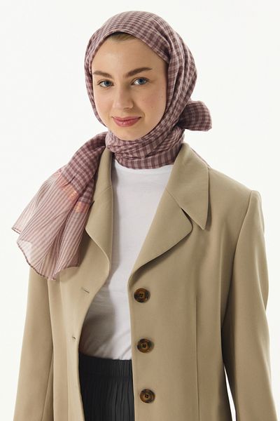 FENZA SCARF STELLA Powder-Pink Wool Silk Shawl - Gingham Patterned