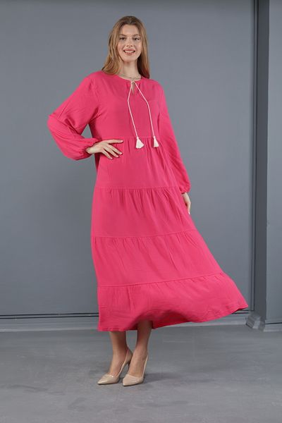 mervemoda Γυναικείο μακρυμάνικο plus size υφαντό φόρεμα βισκόζης