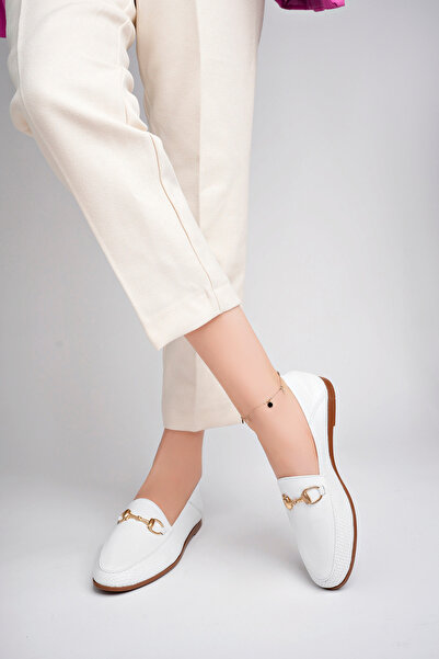 Deripabuc Genuine Leather Print 2 White Women's Leather Ballerinas Pcc-F03