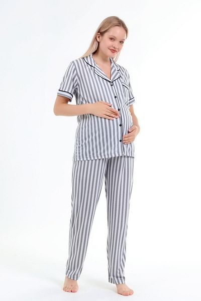 LİKAPA Likapa Combed Cotton Front Buttoned Maternity Short Sleeve Pajama Set, 100% Cotton