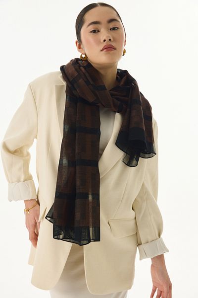FENZA SCARF VALERY CHAMOMILE PATTERNED BROWN SILK WOOL SHAVEL