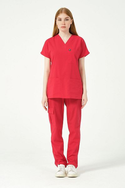 Pratik Medikal Unisex Pomegranate Flower Patterned Lycra Scrubs - Bat Sleeve Cargo Pocket Set