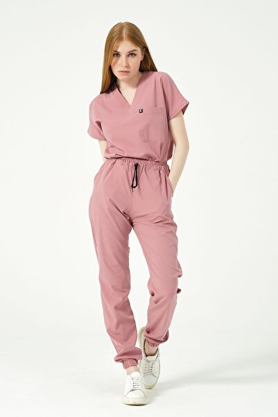 Pratik Medikal Dusty Rose Lycra Jogger Leg Doctor Nurse Uniform Bat Sleeve Su...