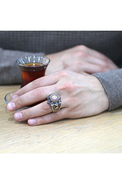 Tesbihane Mavi Kehribar Üzerine Hüsn-i Hat Besmele-i Şerif Yazılı Yıldız Tasarım 925 Ayar Gümüş Erkek Yüzük