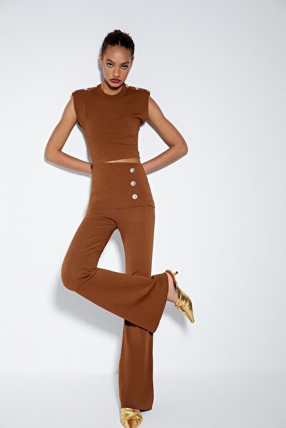 rue Button Detailed Tan Cut-Out Blouse