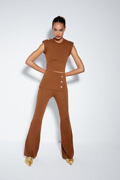 rue Button Detailed Tan Cut-Out Blouse