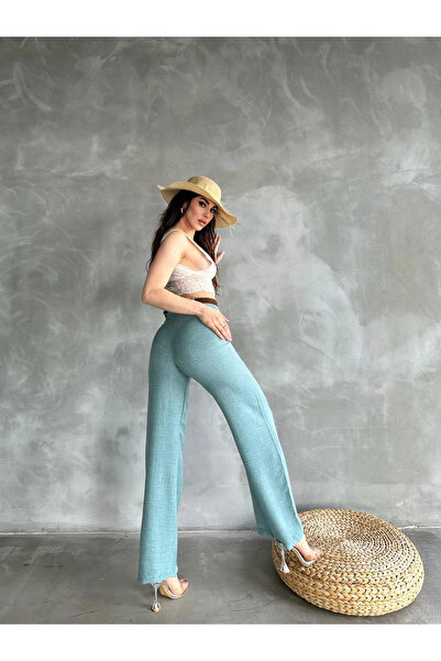 Fav Style Women's High Waist Belted Tube Leg Linen Trousers Mint