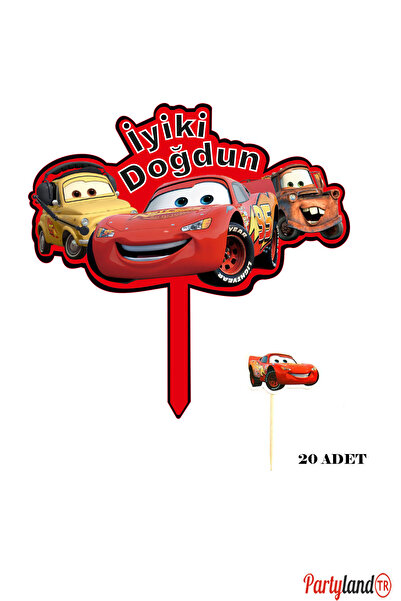 PartylandTR Şimşek Mcqueen Cars Arabalar Temalı Karton Pasta Süsü ve 20 Adet ...