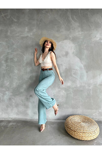 Fav Style Women's High Waist Belted Tube Leg Linen Trousers Mint