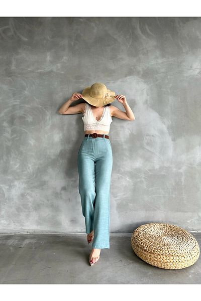 Fav Style Women's High Waist Belted Tube Leg Linen Trousers Mint