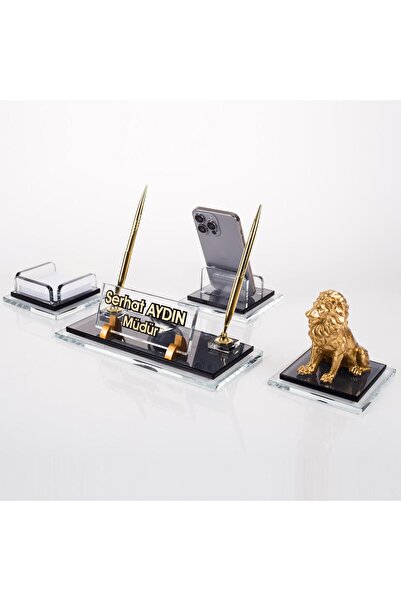 Ofistike Prime Aslan Biblolu Kristal Masaüstü İsimlik Seti Ofis Hediyesi Masa...
