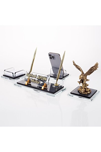 Ofistike Prime Kartal Biblolu Kristal Masaüstü İsimlik Seti Ofis Hediyesi Mas...