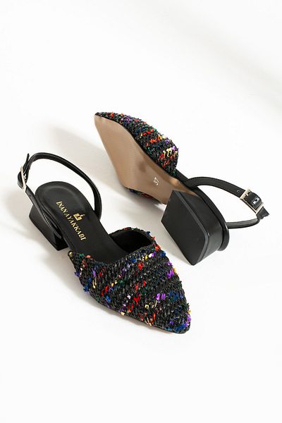 İnan Ayakkabı WOMEN'S BLACK MULTI-COLOR STRAW DETAILED HEEL SHOE (3 CM HEEL LENGTH)