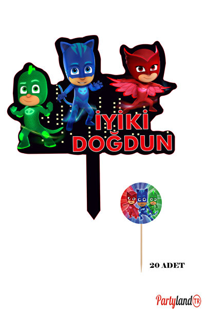 PartylandTR Pj Mask Pijamaskeliler Pija Temalı Karton Pasta Süsü ve 20 Adet S...