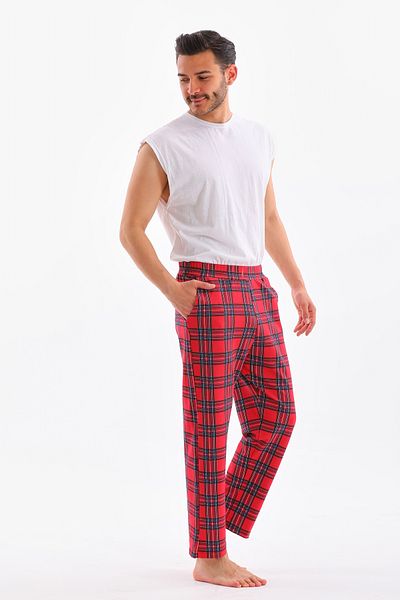 Arvin Men's Pocketed 2 Thread Plaid Printed Elastic Waist Summer Pajama Bottom Tracksuit