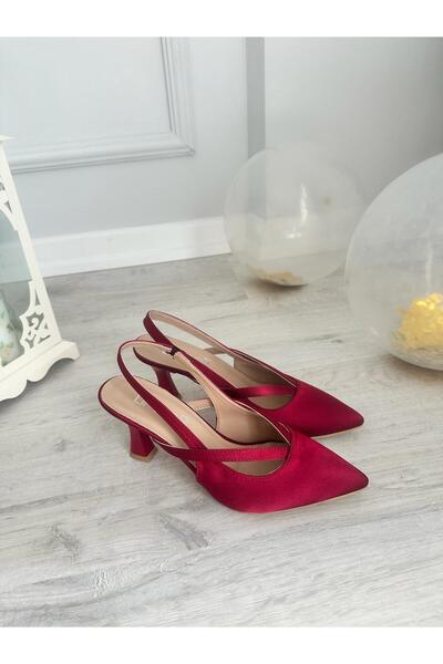 LİNEER كعب كأسي 7 سم باللون العنابي - خنجر نسائي من الجلد النباتي مفتوح الظهر