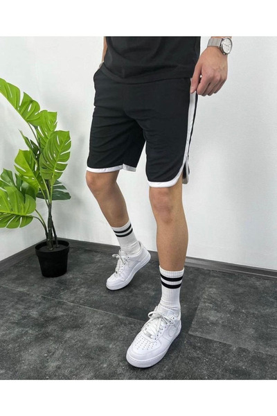 MODARİCH Υφασμάτινο σορτς με πλαϊνές ρίγες - Μαύρο ψηλόμεσο πλεκτό με τσέπες