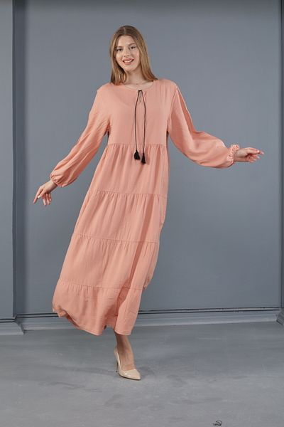 mervemoda Γυναικείο μακρυμάνικο plus size υφαντό φόρεμα βισκόζης