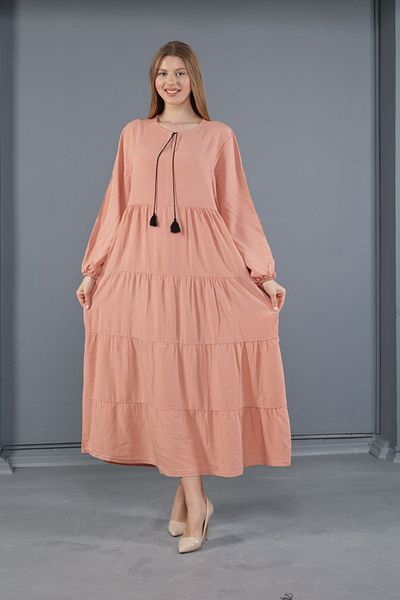 mervemoda Γυναικείο μακρυμάνικο plus size υφαντό φόρεμα βισκόζης