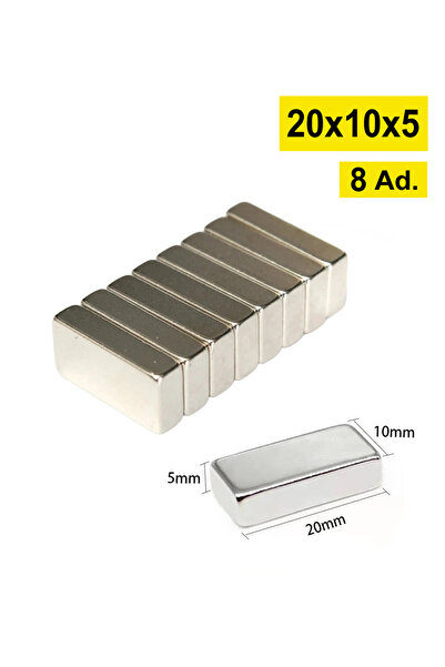 Dünya Magnet 8 Adet - Dikdörtgen Neodyum Mıknatıs, 20x10x5 Mm, Güçlü Magnet, N35 Kalite