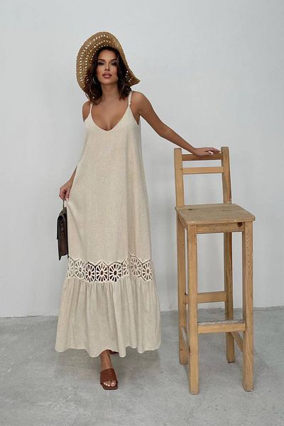Ortaya Çık Beige Lace Detailed Strappy Linen Dress
