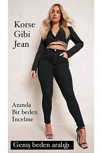 Lixera Siyah Büyük Beden Likralı Yüksek Bel Jean Pantolon