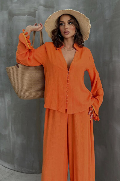 Ortaya Çık Seersucker Linen Set - Orange, Tassel Detailed Sleeves