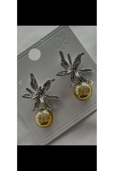 Aylish Bijuteri Gold Colored Flower Patterned Silver High Heel Earrings