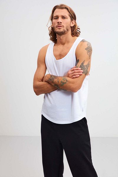 GRIMELANGE Pond Men's Wide Collar Loose Cotton White Undershirt