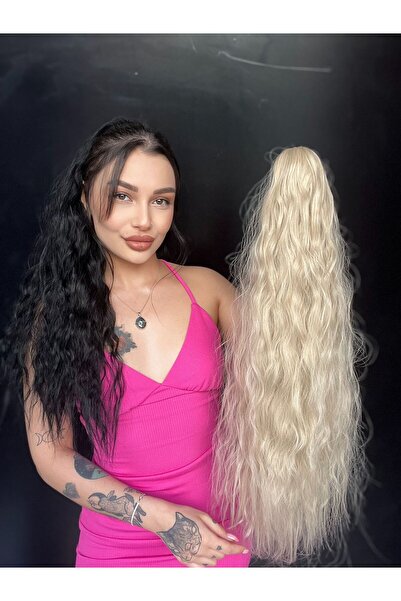 Suzan Peruk Afro Kıvırcık Postiş At kuyruğu mandalllı Soğuk sarı