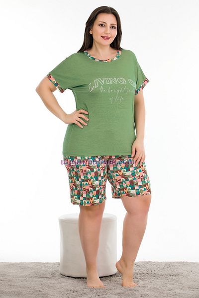 quilling Lady 10390 Plus Size Green Patterned Pajamas Set with Shorts