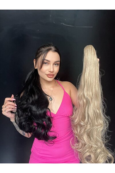 Suzan Peruk 80 cm Ekstra Uzun At kuyruğu Tokalı Postiş Işıltılı Sarı