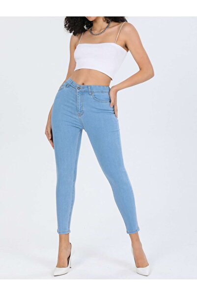 AREF JEANS بنطلون جينز ضيق عالي الخصر باللون الأزرق الفاتح