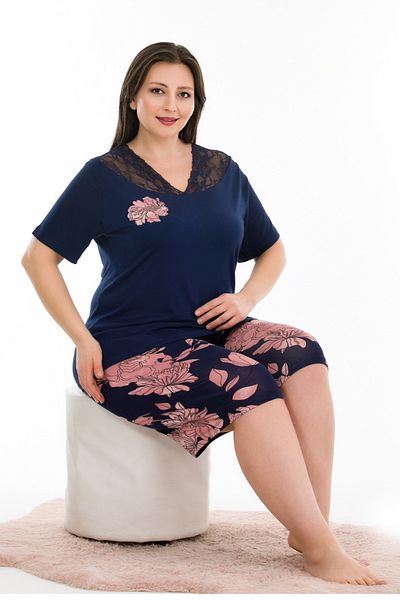 quilling Navy Blue Floral Patterned Plus Size Pajama Set - Lady 10382