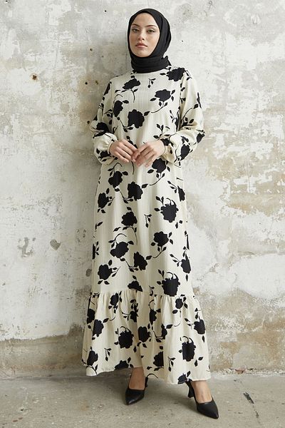 InStyle Large Flower Pattern Dress - Black